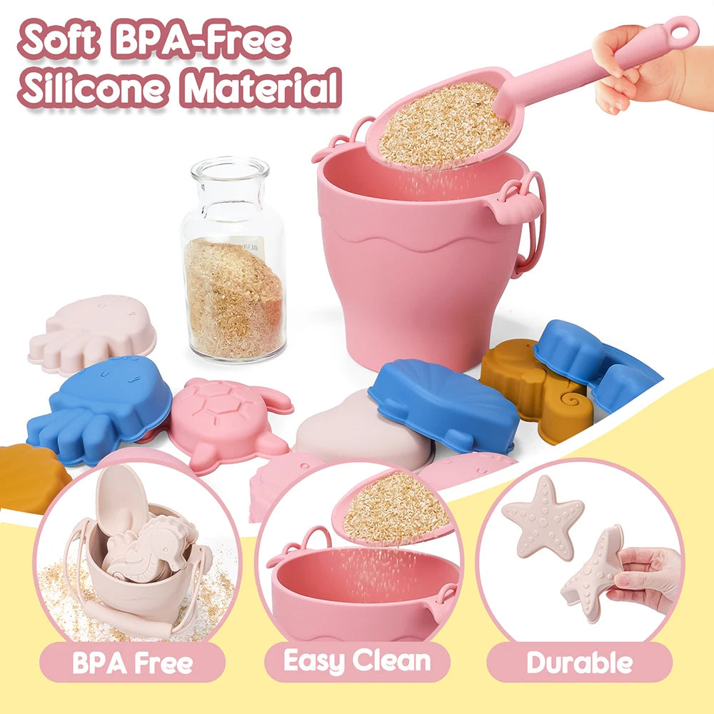 8pcs/Set Beach Toys Eco-Friendly, BPA-Free, Food-Grade Silicone - Fun Summer Outdoor Toys for Kids with Bucket & 4 Color Sand - Novo Fusion