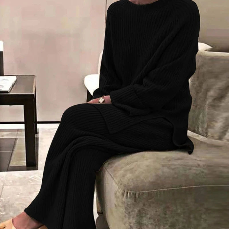 2022 Knitted Sweater Suit Women Elegant Solid O-Neck Pullovers+Wide Leg Pants Suit Lady Autumn Winter Soft 2 Piece Set Homewear - Novo Fusion