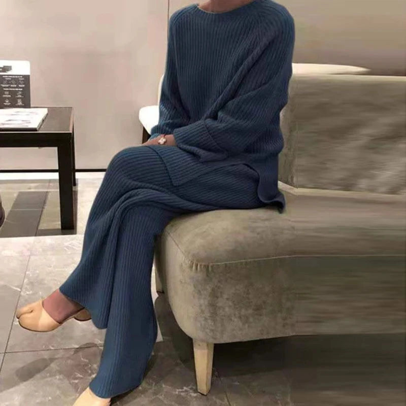 2022 Knitted Sweater Suit Women Elegant Solid O-Neck Pullovers+Wide Leg Pants Suit Lady Autumn Winter Soft 2 Piece Set Homewear - Novo Fusion