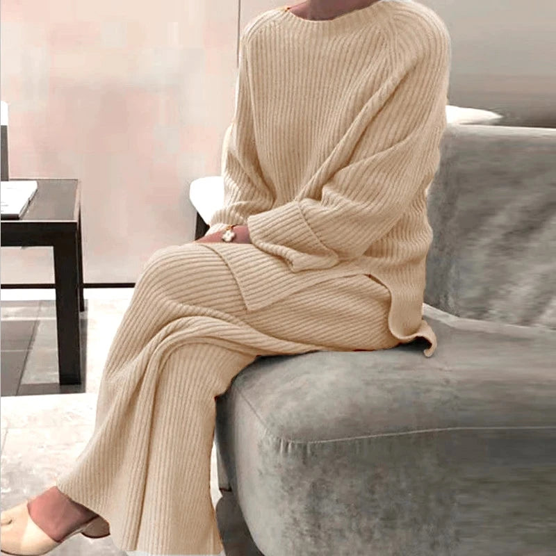 2022 Knitted Sweater Suit Women Elegant Solid O-Neck Pullovers+Wide Leg Pants Suit Lady Autumn Winter Soft 2 Piece Set Homewear - Novo Fusion
