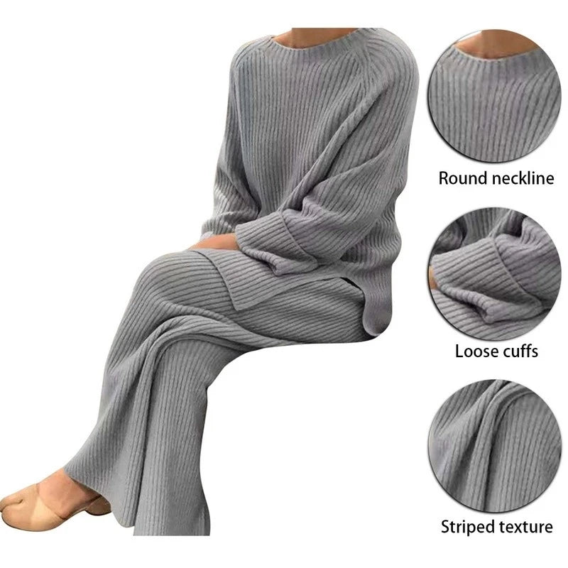 2022 Knitted Sweater Suit Women Elegant Solid O-Neck Pullovers+Wide Leg Pants Suit Lady Autumn Winter Soft 2 Piece Set Homewear - Novo Fusion