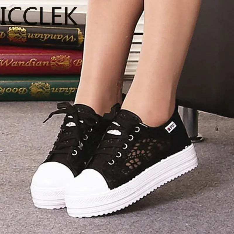 Women Shoes Fashion Summer Casual Shoes White Sneakers Cutouts Lace Canvas Hollow Breathable Platform Sneakers Tenis Feminino - Novo Fusion
