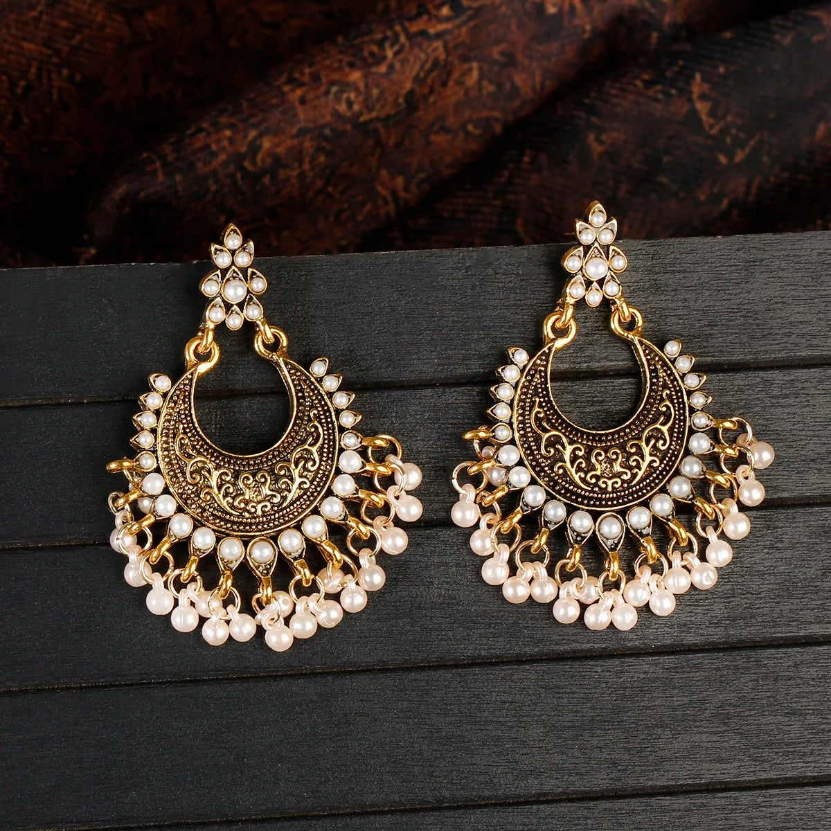 Luxury Retro Big Sector Carved Indian Earrings Fro Women Piercing Ethnic Bollywood Pearl Tassel Earrings - Novo Fusion