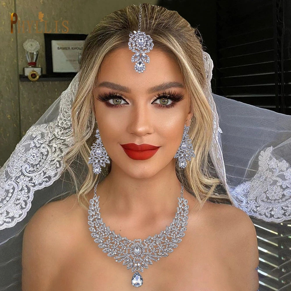 C30 Wedding Forehead Chain Necklace Earrings Set Dubai Jewelery Set Gifts for Women Indian African Bridal Hair Accessories Novo Fusion - Chic Essentials for Life's Canvas