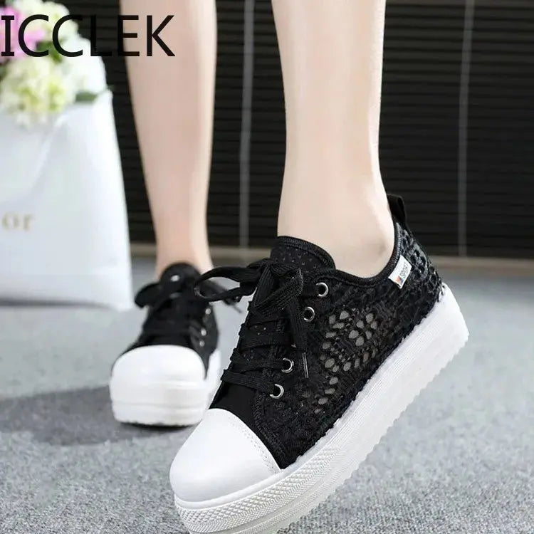 Women Shoes Fashion Summer Casual Shoes White Sneakers Cutouts Lace Canvas Hollow Breathable Platform Sneakers Tenis Feminino - Novo Fusion