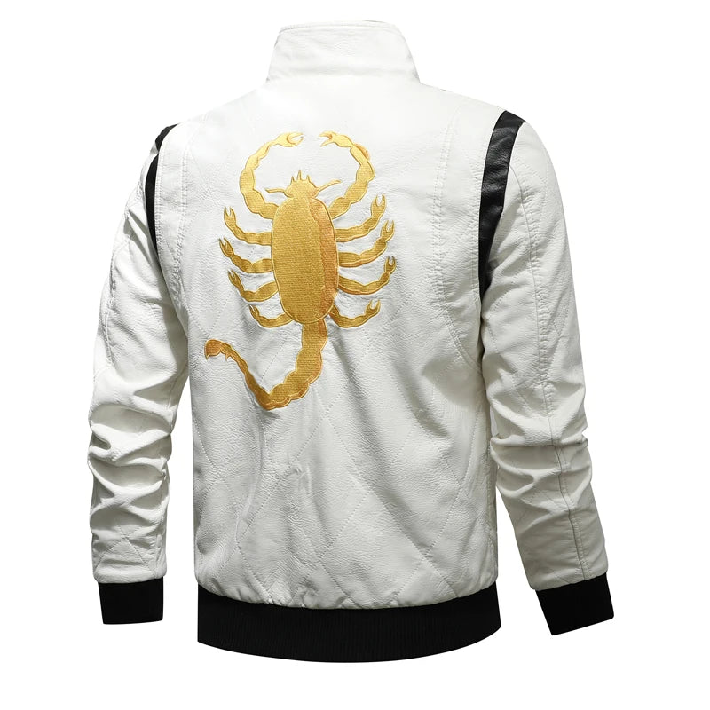 Autumn Winter Bomber Leather Jacket Men Scorpion Embroidery Hooded Jacket PU Leather Motorcycle Mens Ryan Gosling Drive Jacket - Novo Fusion