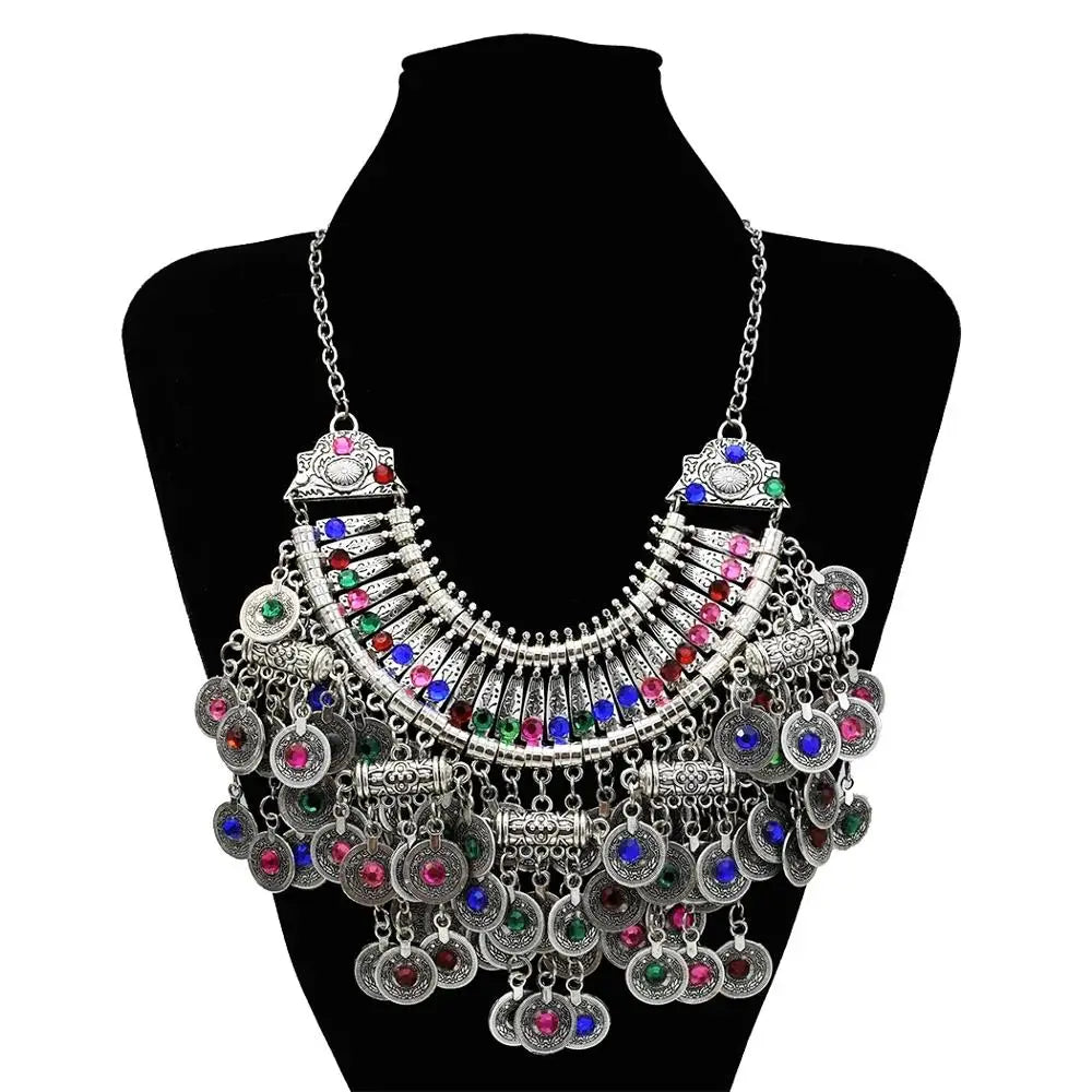 Color Crystal Coin Tassel Choker Necklace Earrings For Women Turkish Afghan Dress Indian Clothes Traditional Ethnic Jewelry Set Novo Fusion - Chic Essentials for Life's Canvas