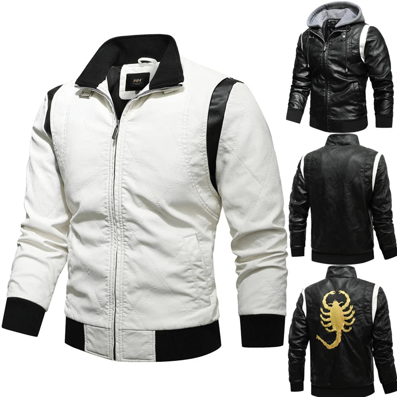 Autumn Winter Bomber Leather Jacket Men Scorpion Embroidery Hooded Jacket PU Leather Motorcycle Mens Ryan Gosling Drive Jacket - Novo Fusion