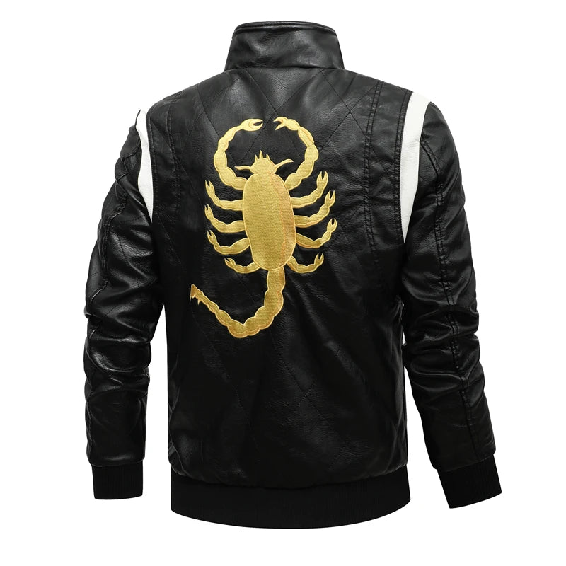 Autumn Winter Bomber Leather Jacket Men Scorpion Embroidery Hooded Jacket PU Leather Motorcycle Mens Ryan Gosling Drive Jacket - Novo Fusion