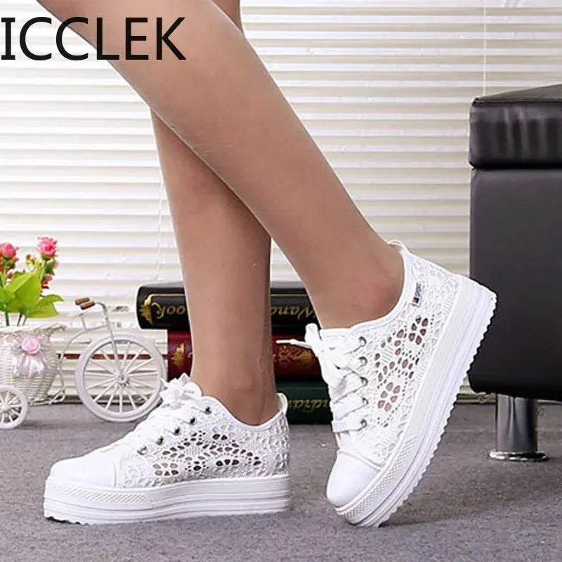 Women Shoes Fashion Summer Casual Shoes White Sneakers Cutouts Lace Canvas Hollow Breathable Platform Sneakers Tenis Feminino - Novo Fusion