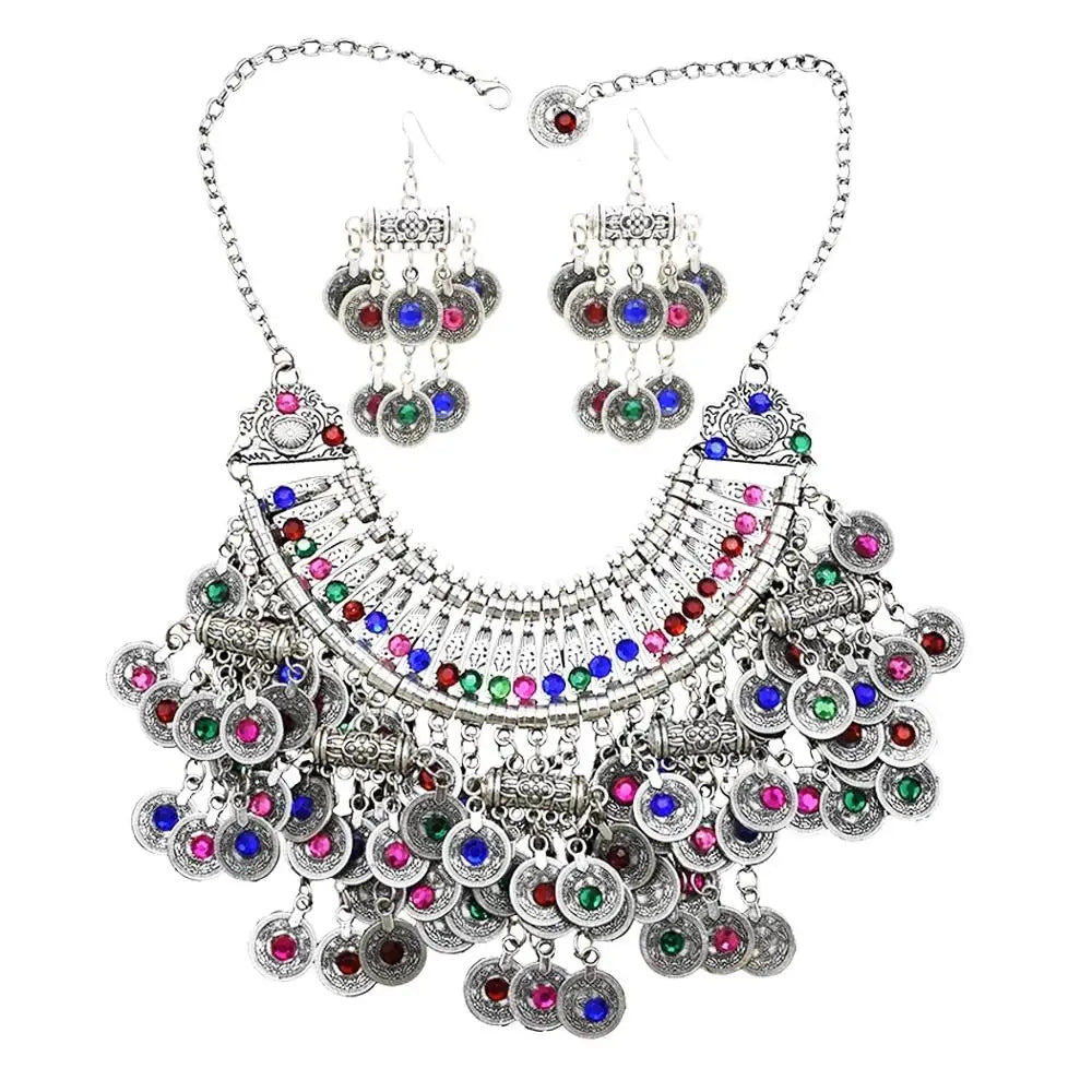 Color Crystal Coin Tassel Choker Necklace Earrings For Women Turkish Afghan Dress Indian Clothes Traditional Ethnic Jewelry Set Novo Fusion - Chic Essentials for Life's Canvas