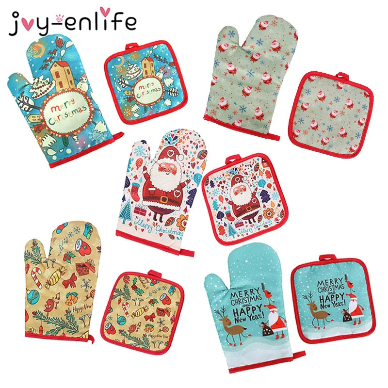 2pcs/set Christmas Baking Anti-Hot Gloves Pad Oven Dining BBQ Kitchen Mat New Year 2024 Natal Xmas Party Decoration Supplies - Novo Fusion