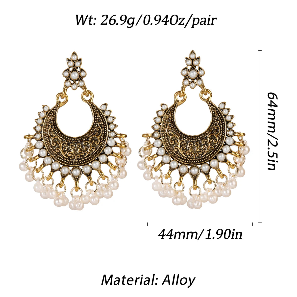 Luxury Retro Big Sector Carved Indian Earrings Fro Women Piercing Ethnic Bollywood Pearl Tassel Earrings - Novo Fusion