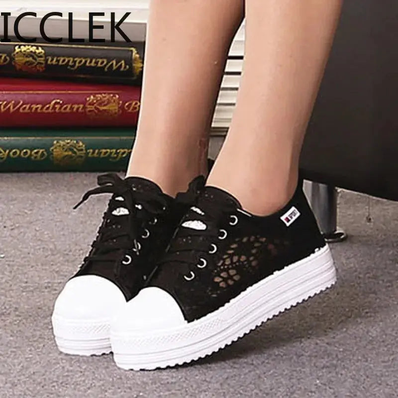 Women Shoes Fashion Summer Casual Shoes White Sneakers Cutouts Lace Canvas Hollow Breathable Platform Sneakers Tenis Feminino - Novo Fusion