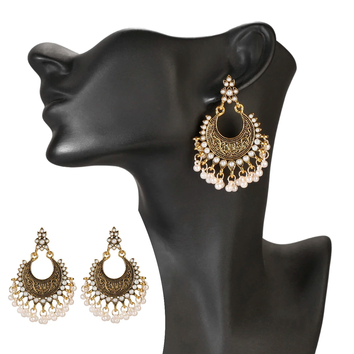 Luxury Retro Big Sector Carved Indian Earrings Fro Women Piercing Ethnic Bollywood Pearl Tassel Earrings - Novo Fusion