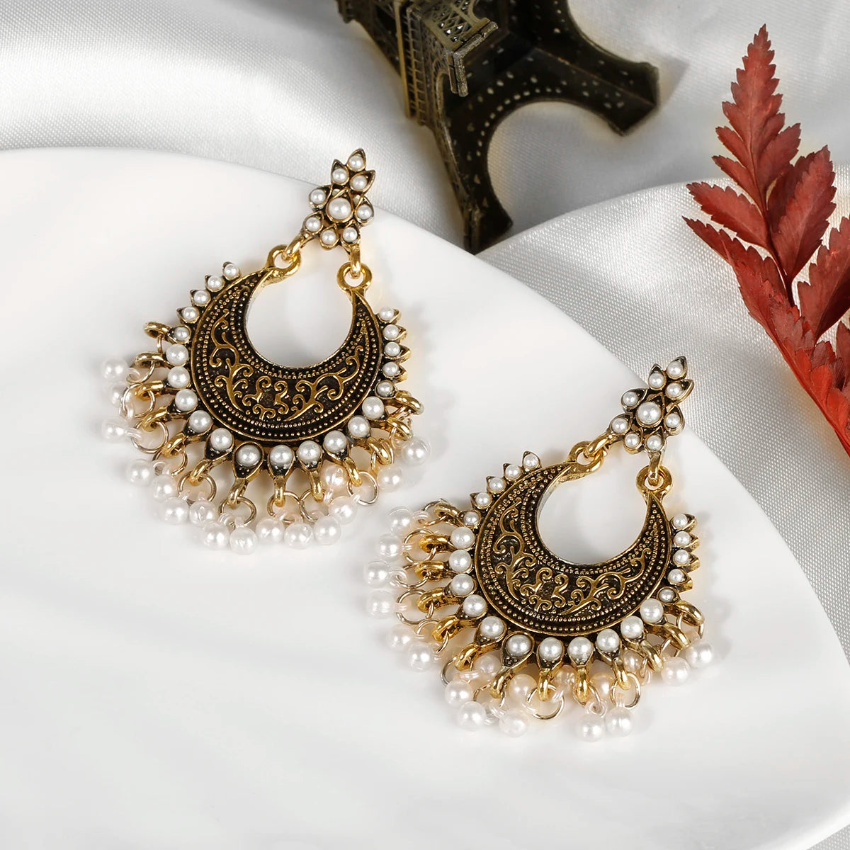 Luxury Retro Big Sector Carved Indian Earrings Fro Women Piercing Ethnic Bollywood Pearl Tassel Earrings - Novo Fusion