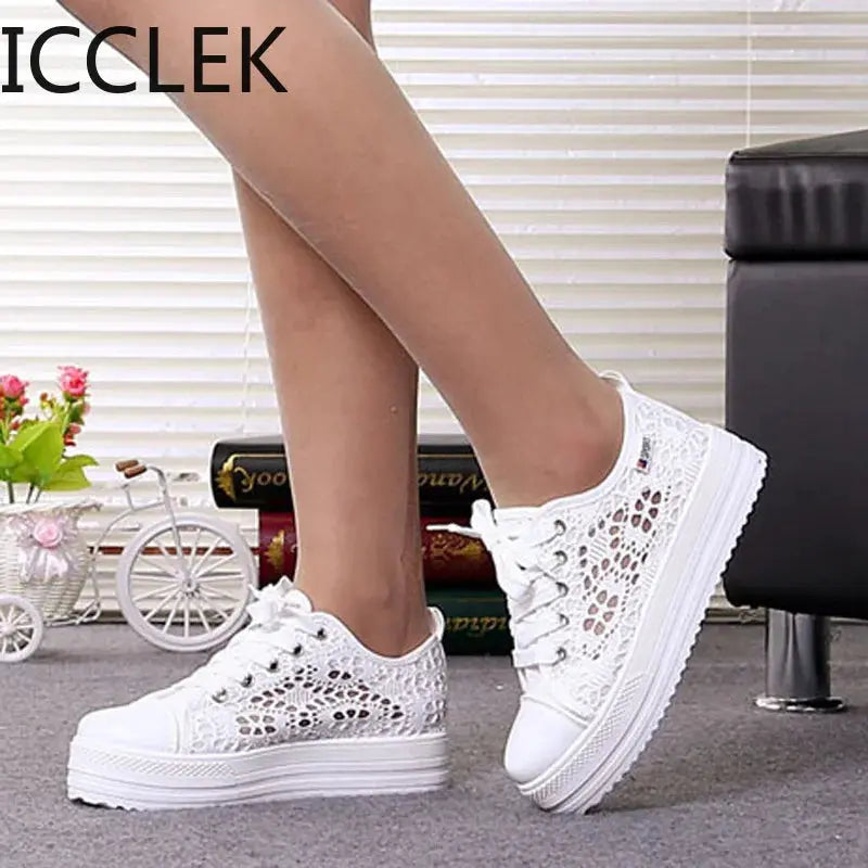 Women Shoes Fashion Summer Casual Shoes White Sneakers Cutouts Lace Canvas Hollow Breathable Platform Sneakers Tenis Feminino - Novo Fusion