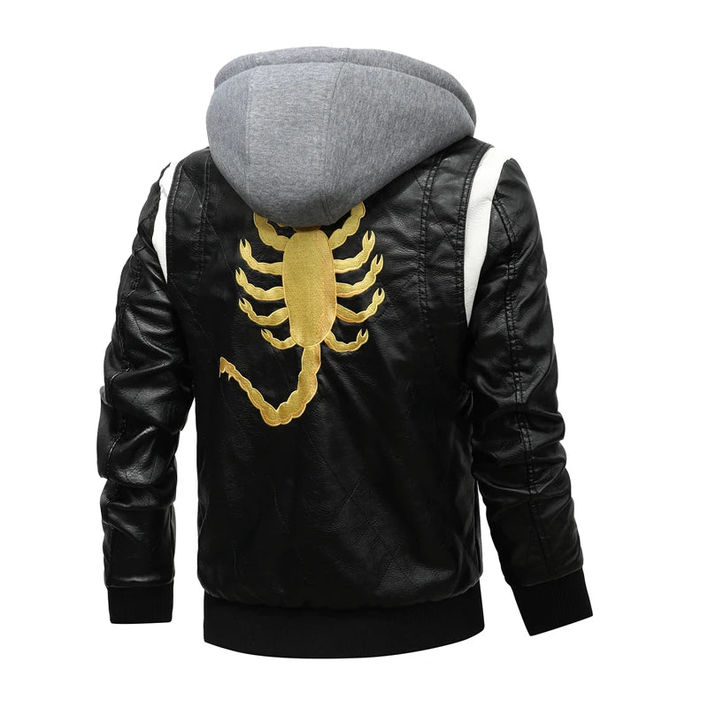 Autumn Winter Bomber Leather Jacket Men Scorpion Embroidery Hooded Jacket PU Leather Motorcycle Mens Ryan Gosling Drive Jacket - Novo Fusion