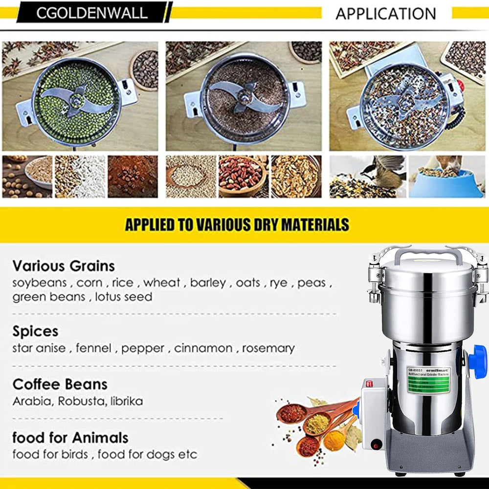 800G Spice Grinder Grain Herb Spices Mill Coffee Grinder Machine Swing Type Grains Grinder Medicine Wheat Mixer Dry Food Grinder - Novo Fusion