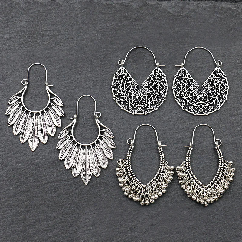 Antique Sliver-Plated Hollow Alloy Geometric Dangle Indian Earrings For Women Gypsy Jewelry Boho Ethnic Leaf Bell Tassel Earring Novo Fusion - Chic Essentials for Life's Canvas