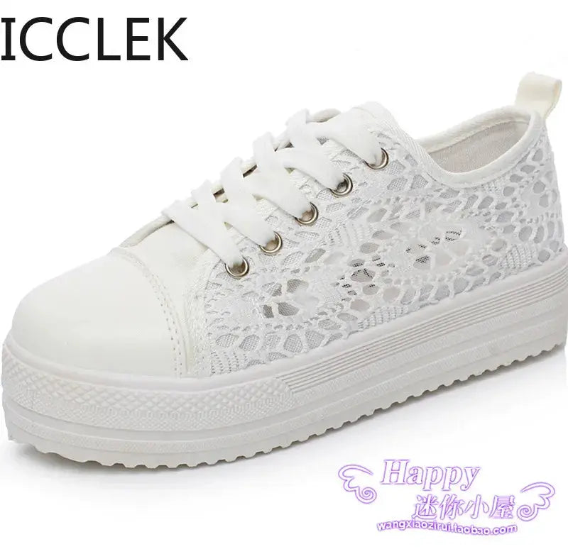 Women Shoes Fashion Summer Casual Shoes White Sneakers Cutouts Lace Canvas Hollow Breathable Platform Sneakers Tenis Feminino - Novo Fusion
