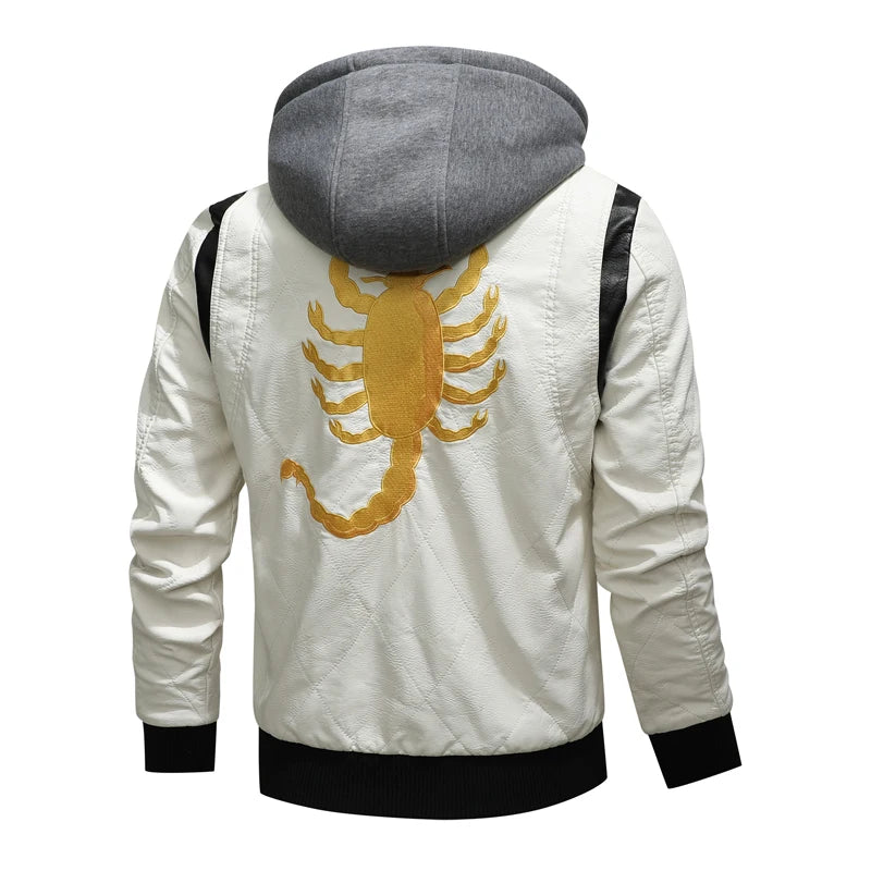 Autumn Winter Bomber Leather Jacket Men Scorpion Embroidery Hooded Jacket PU Leather Motorcycle Mens Ryan Gosling Drive Jacket - Novo Fusion