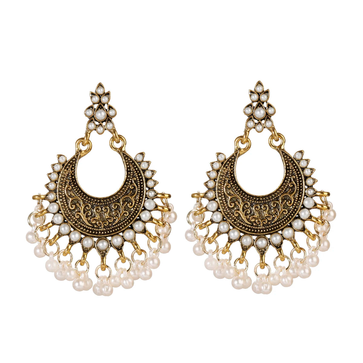 Luxury Retro Big Sector Carved Indian Earrings Fro Women Piercing Ethnic Bollywood Pearl Tassel Earrings - Novo Fusion