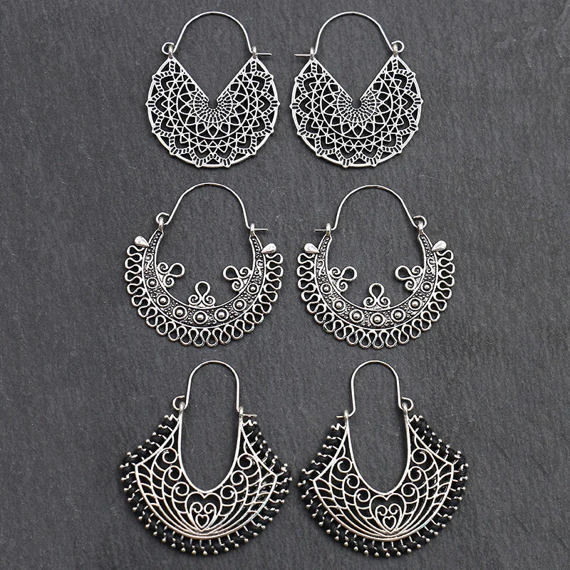 Antique Sliver-Plated Hollow Alloy Geometric Dangle Indian Earrings For Women Gypsy Jewelry Boho Ethnic Leaf Bell Tassel Earring Novo Fusion - Chic Essentials for Life's Canvas