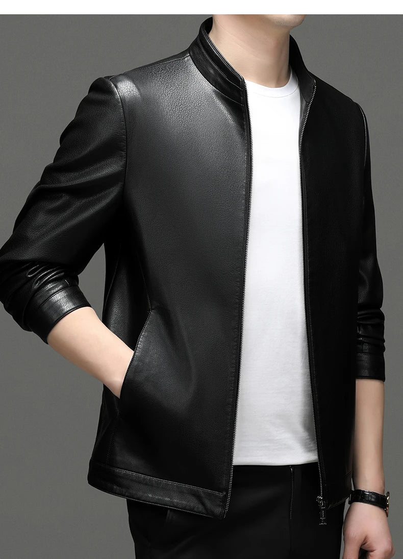 YN-2335 Spring and Autumn Men's Genuine Leather Polo Mock Neck Jacket Fashion Slim Sheepskin Coat Black Grey Husband Gift Youth - Novo Fusion