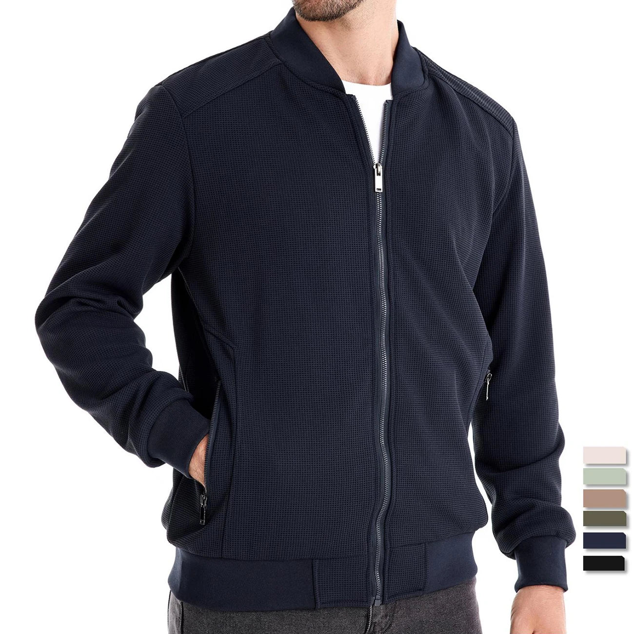 AIOPESON Mens Waffle Fleece Lined Bomber Jacket Autumn Winter Warm Casual Zipper Pocket Outwear Jackets and Coats for Men - Novo Fusion