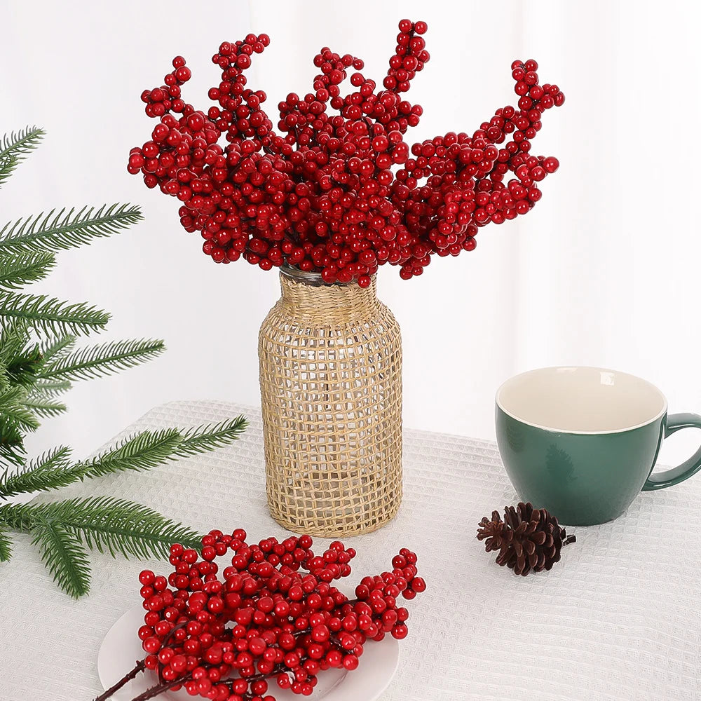 Artificial Red Berry Flowers Bouquet Fake Plant for Home Vase Decor Xmas Tree Ornaments New Year 2024 Party Christmas Decoration - Novo Fusion