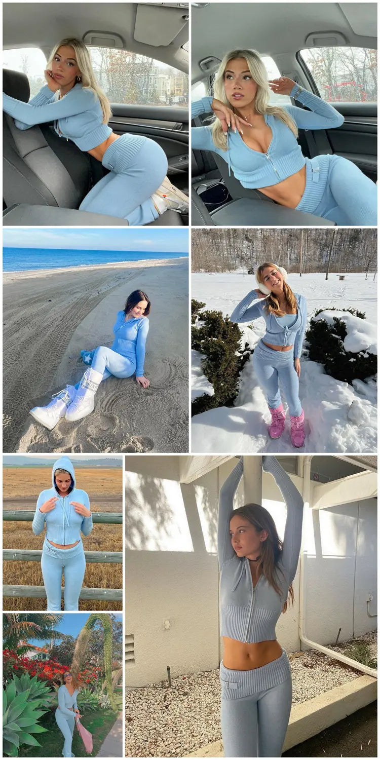 TARUXY Women Spring Outfits Casual Zipper Sweater Hoodie Set High Waist Flare Pants Suits Pink Knitted Womens Y2k Two Piece Set - Novo Fusion