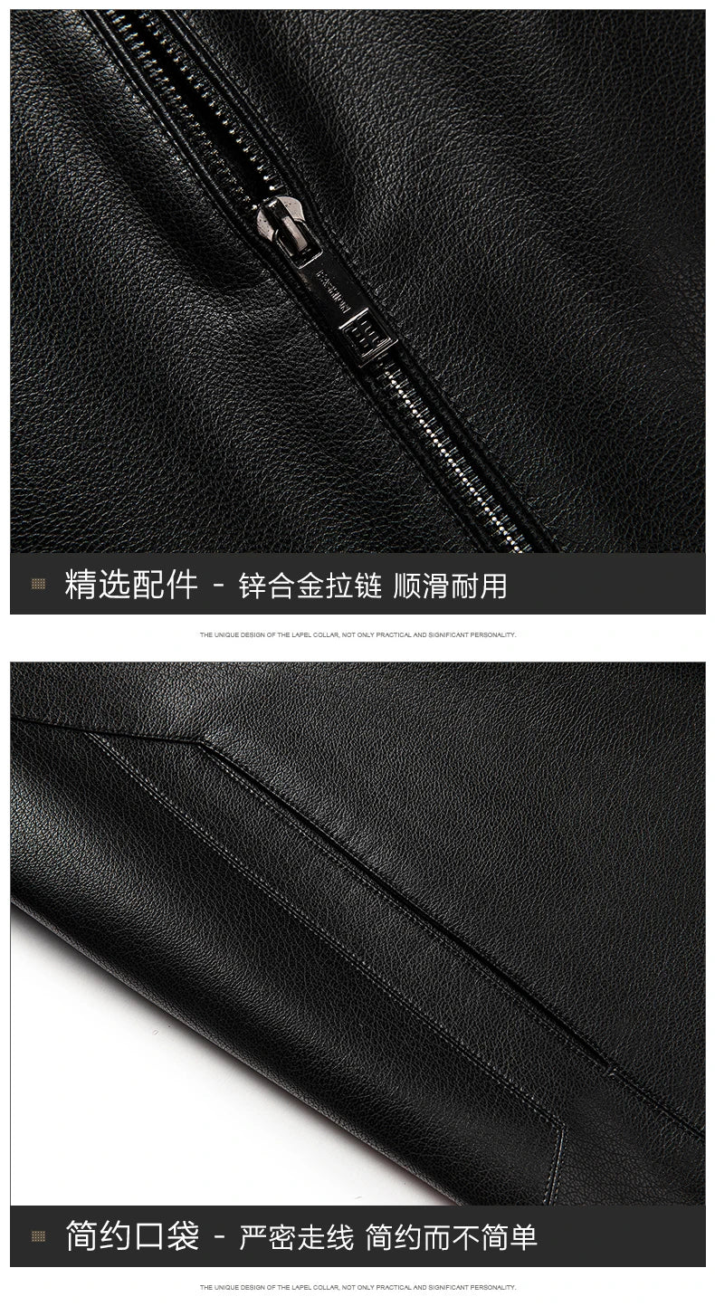 YN-2335 Spring and Autumn Men's Genuine Leather Polo Mock Neck Jacket Fashion Slim Sheepskin Coat Black Grey Husband Gift Youth - Novo Fusion
