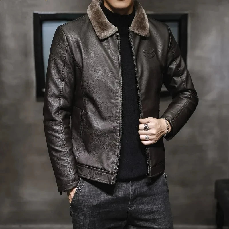Warm Coat Brand Leather jackets Men's Luxury Clothing Vintage Brown Leather Jacket Men's Winter Faux Fur Collar Windproof - Novo Fusion
