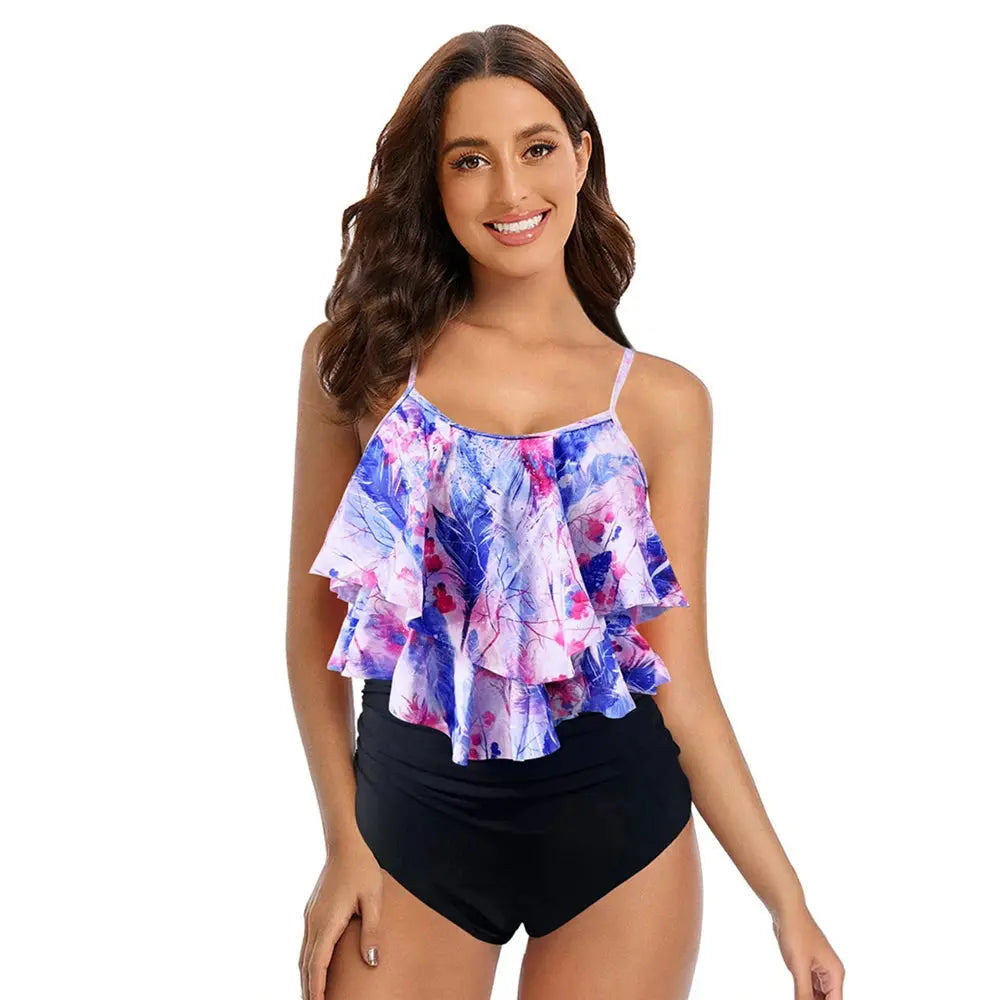 8 Colors Women Ruffled Tankini Set Padded Top With Adjustable Shoulder Straps Elastic Slim Knitted High Waisted Beachwear 2024 - Novo Fusion