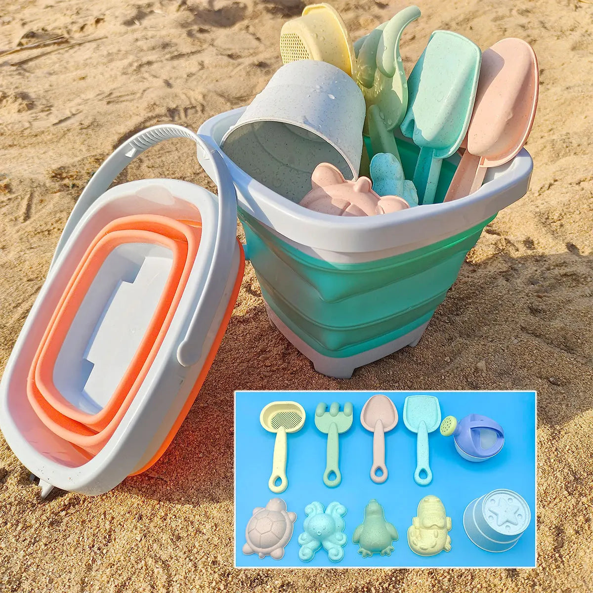 Beach Sand Play Water Set Folding Bucket Summer Toys for Children Kids Outdoor Game Youngster Sandbox Accessories Color Random - Novo Fusion