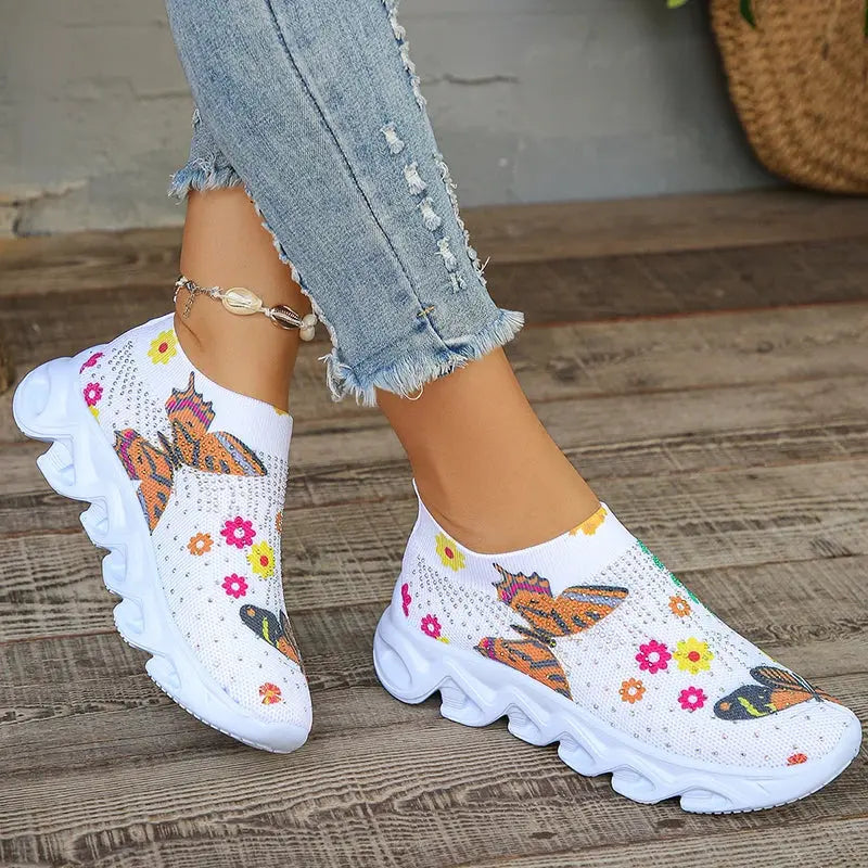 Lucyever Plus Size Printed Platform Sneakers Woman Fashion Shining Crystals Flat Shoes for Women Breathable Mesh Walking Shoes - Novo Fusion