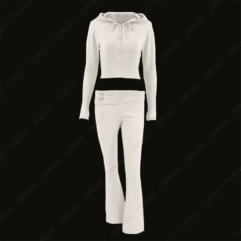 TARUXY Women Spring Outfits Casual Zipper Sweater Hoodie Set High Waist Flare Pants Suits Pink Knitted Womens Y2k Two Piece Set - Novo Fusion