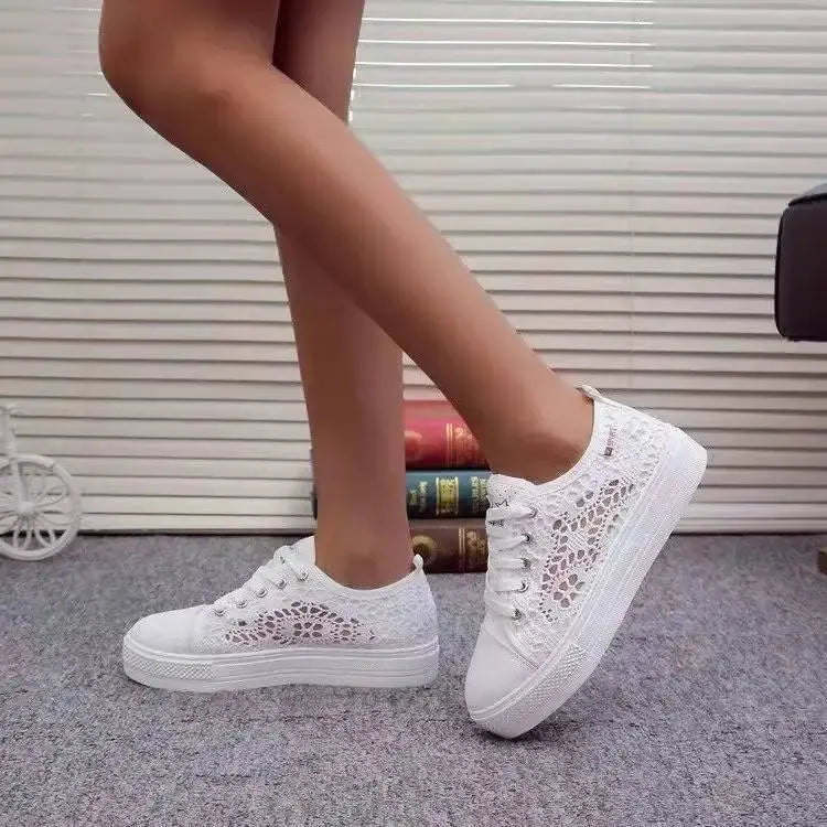 Women Shoes 2022 Fashion Summer Casual White Shoes Cutouts Lace Canvas Hollow Breathable Platform Flat Shoes Woman Sneakers - Novo Fusion