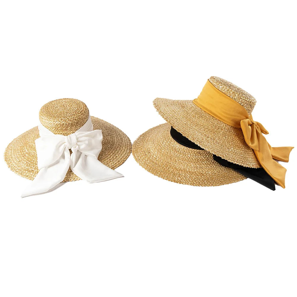 High-quality hand-knitted petal Wheat Straw flat top large eaves basin hat women's fashion big bow beach sun shade straw hat - Novo Fusion