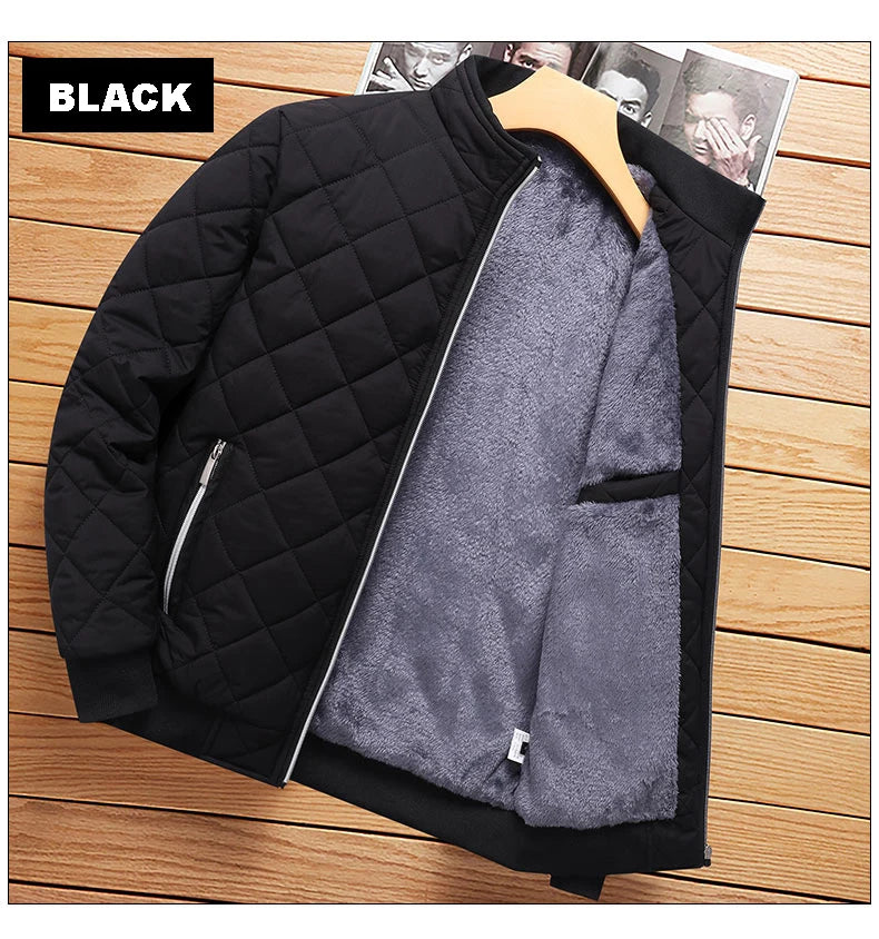 Brand New Slim Fit Coat Autumn Winter Bomber Jacket Men Diamond Pattern Fleece Lined Casual Jacket Men Fashion Clothing - Novo Fusion
