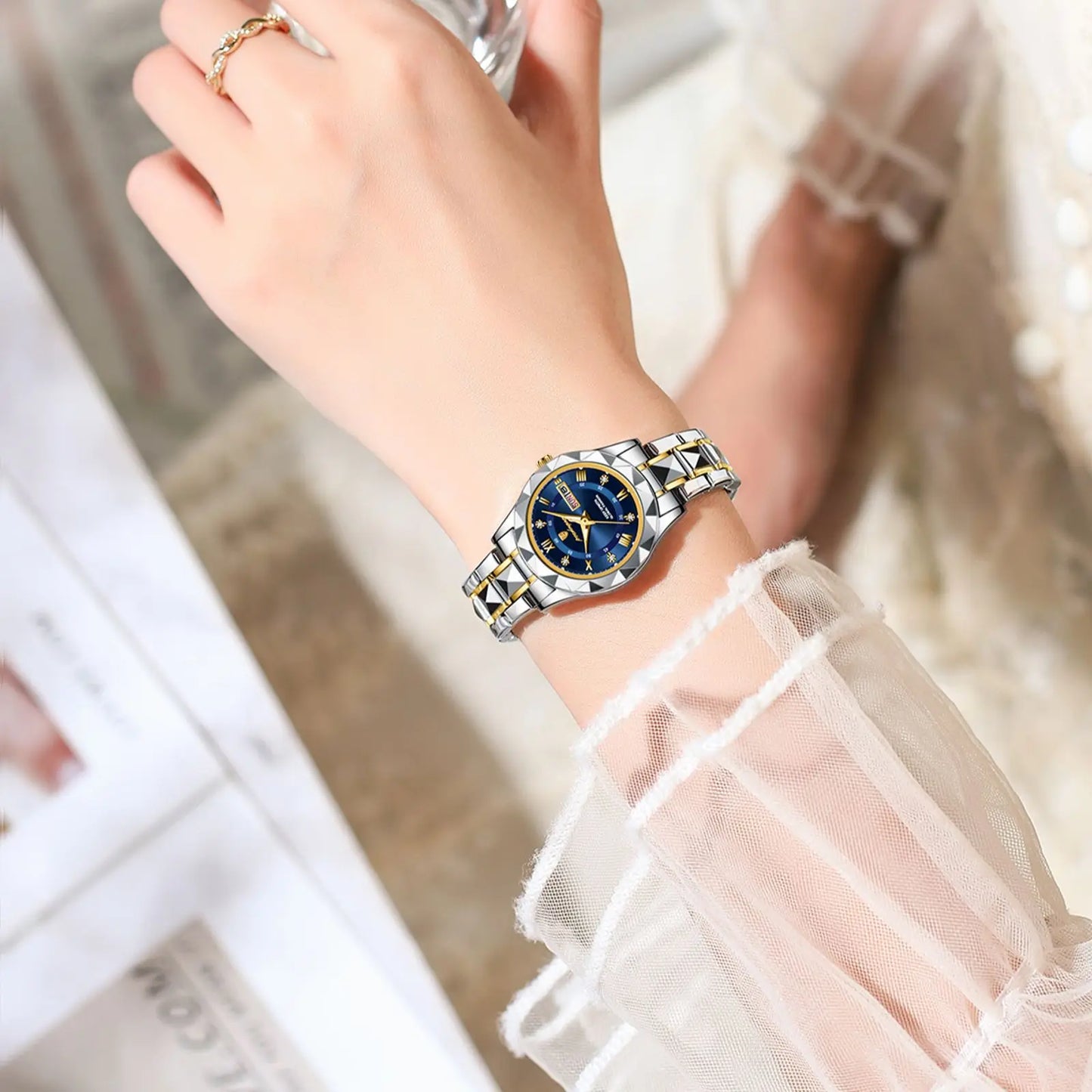 POEDAGAR Luxury Ladies Dress Watch Luminous Waterproof Week Date Woman Wristwatch Stainless Steel Women Quartz Watches reloj+box - Novo Fusion