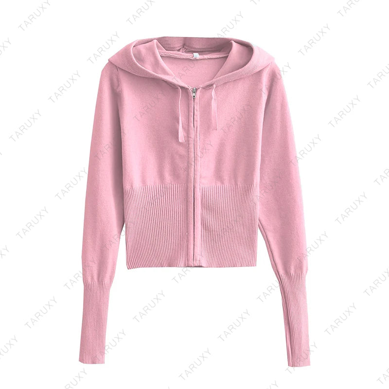 TARUXY Women Spring Outfits Casual Zipper Sweater Hoodie Set High Waist Flare Pants Suits Pink Knitted Womens Y2k Two Piece Set - Novo Fusion