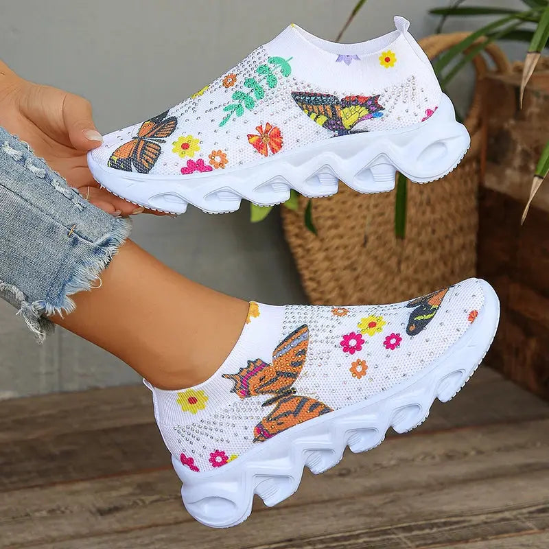 Lucyever Plus Size Printed Platform Sneakers Woman Fashion Shining Crystals Flat Shoes for Women Breathable Mesh Walking Shoes - Novo Fusion
