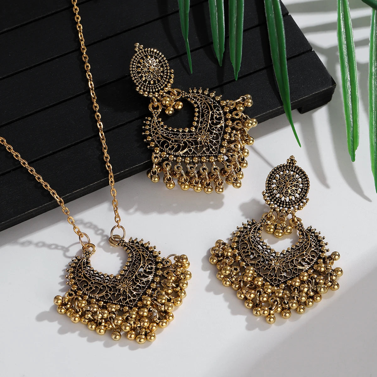 Indian Jewelry Set for Women Bijoux Retro Gold Plated Round Beads Tassel Earring Necklace Sets Ethnic Vintage Wedding Jewelry Novo Fusion - Chic Essentials for Life's Canvas