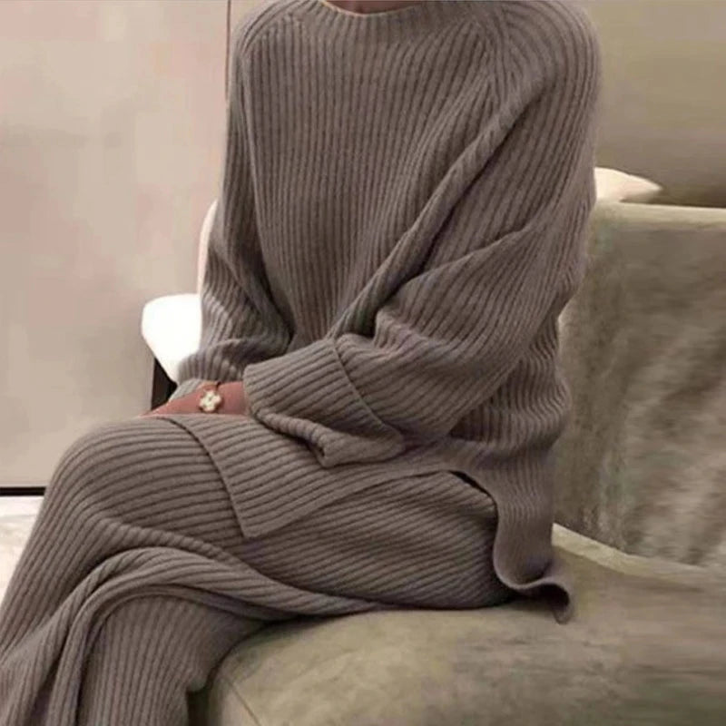 2022 Knitted Sweater Suit Women Elegant Solid O-Neck Pullovers+Wide Leg Pants Suit Lady Autumn Winter Soft 2 Piece Set Homewear - Novo Fusion