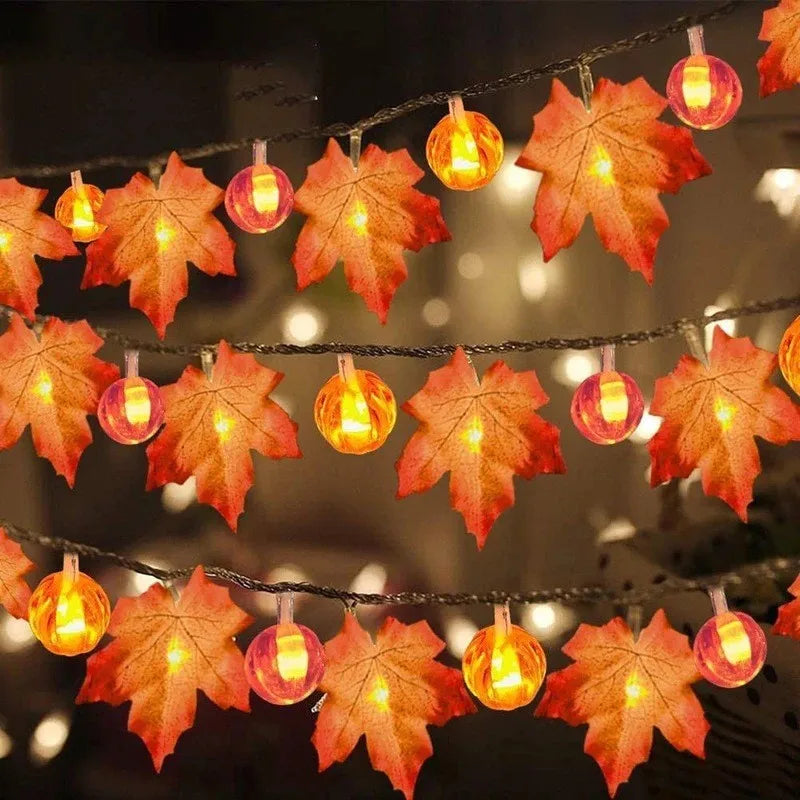 Artificial Autumn Maple Leaves Pumpkin Garland LED Fairy String Light Christmas Thanksgiving Decoration DIY Halloween Party Home - Novo Fusion