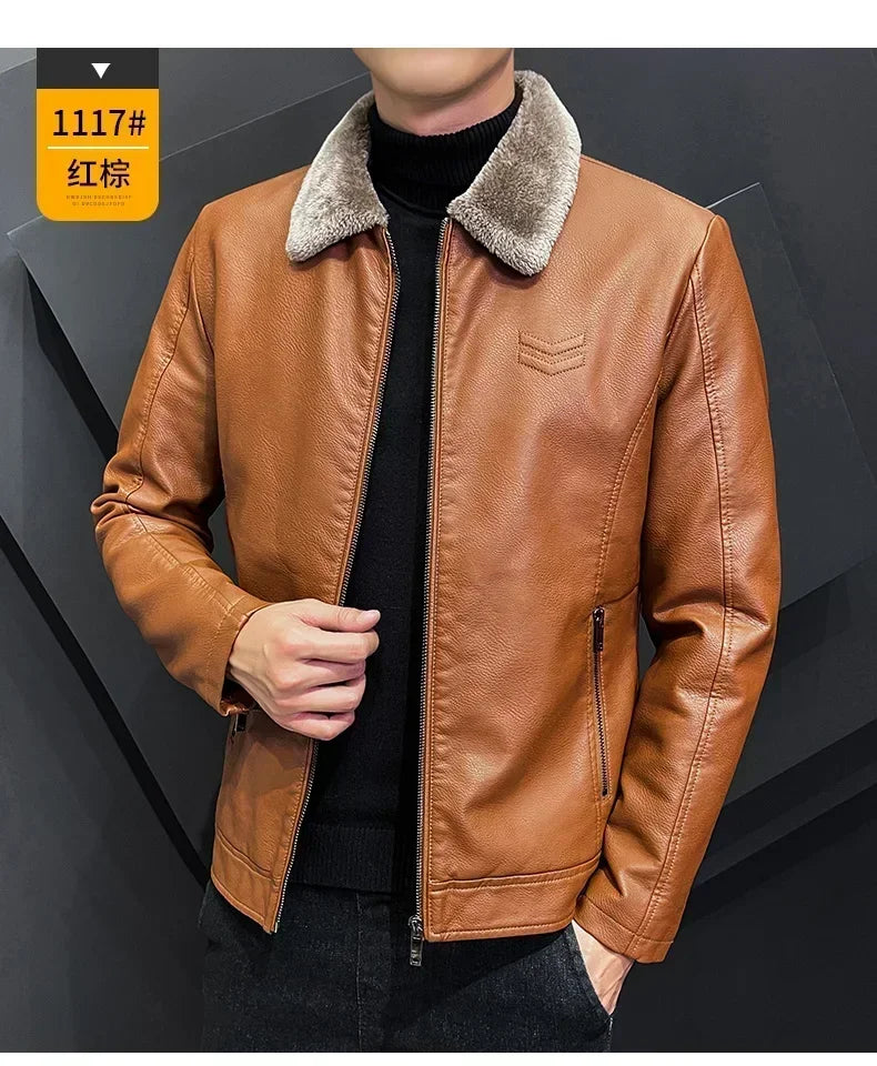 Warm Coat Brand Leather jackets Men's Luxury Clothing Vintage Brown Leather Jacket Men's Winter Faux Fur Collar Windproof - Novo Fusion
