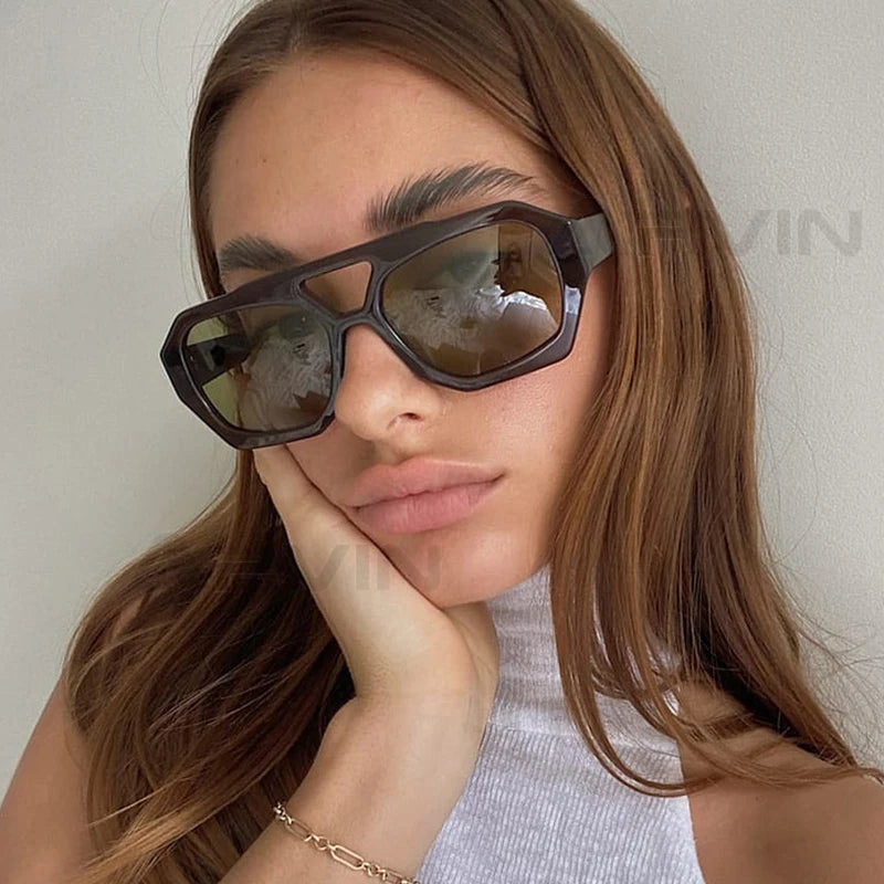 Vintage Square Sunglasses for Women Men Thick Frame Double Bridges Eyewear Female Fashion Chic Polygon Sun Glasses Leopard Blue - Novo Fusion