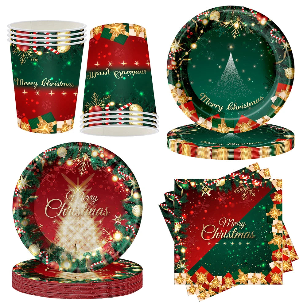 Christmas Party Disposable Tableware Plates Cups napkins Xmas Christmas Tablecloth napkins cups Christmas party Decoration 2024 - Novo Fusion